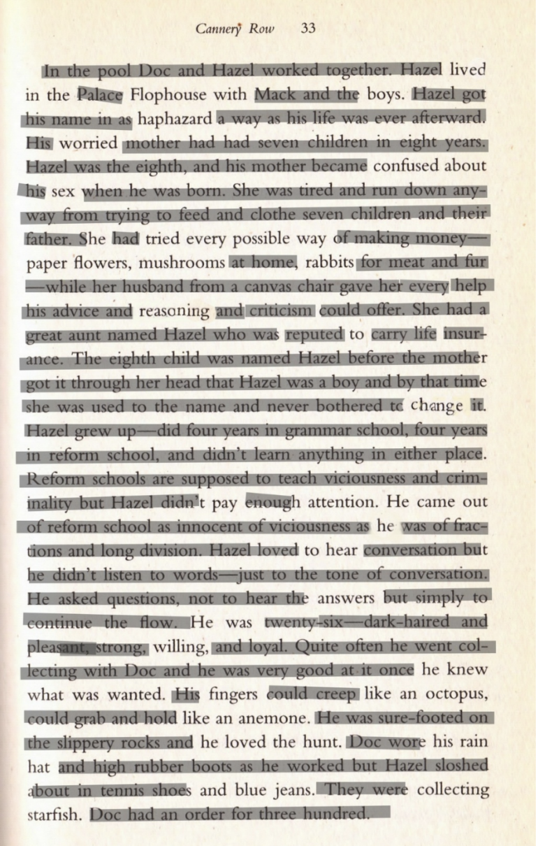Page 33 of Steinbeck's novel marked up for an erasure poem discovery