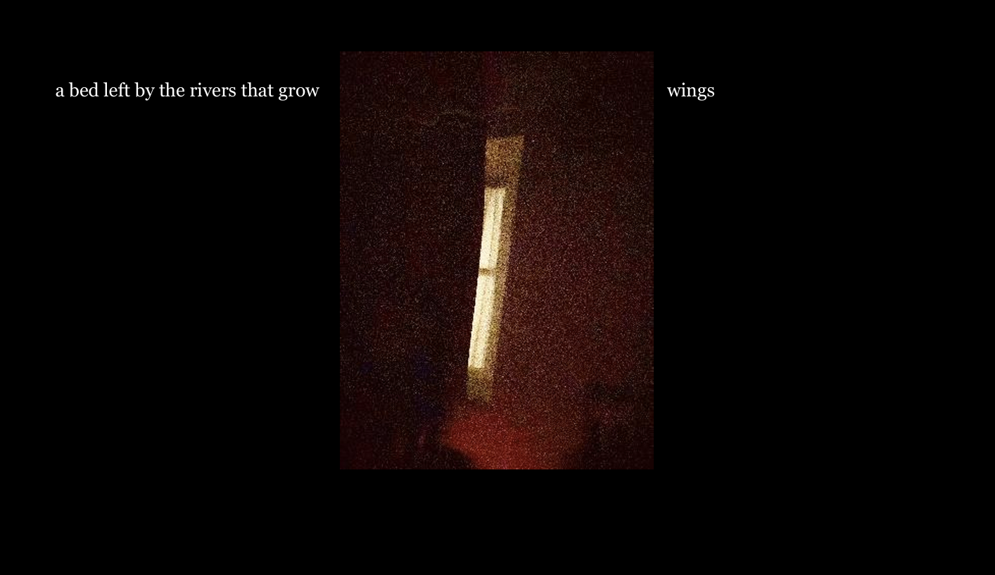 A still from PENUMBRA by Stephen Sunderland. Black background, curtain of light, windowsill, light shining in long slit of angled window, a yellow glow. Text: a bed left by the rivers grow (left side) / wings (right side)