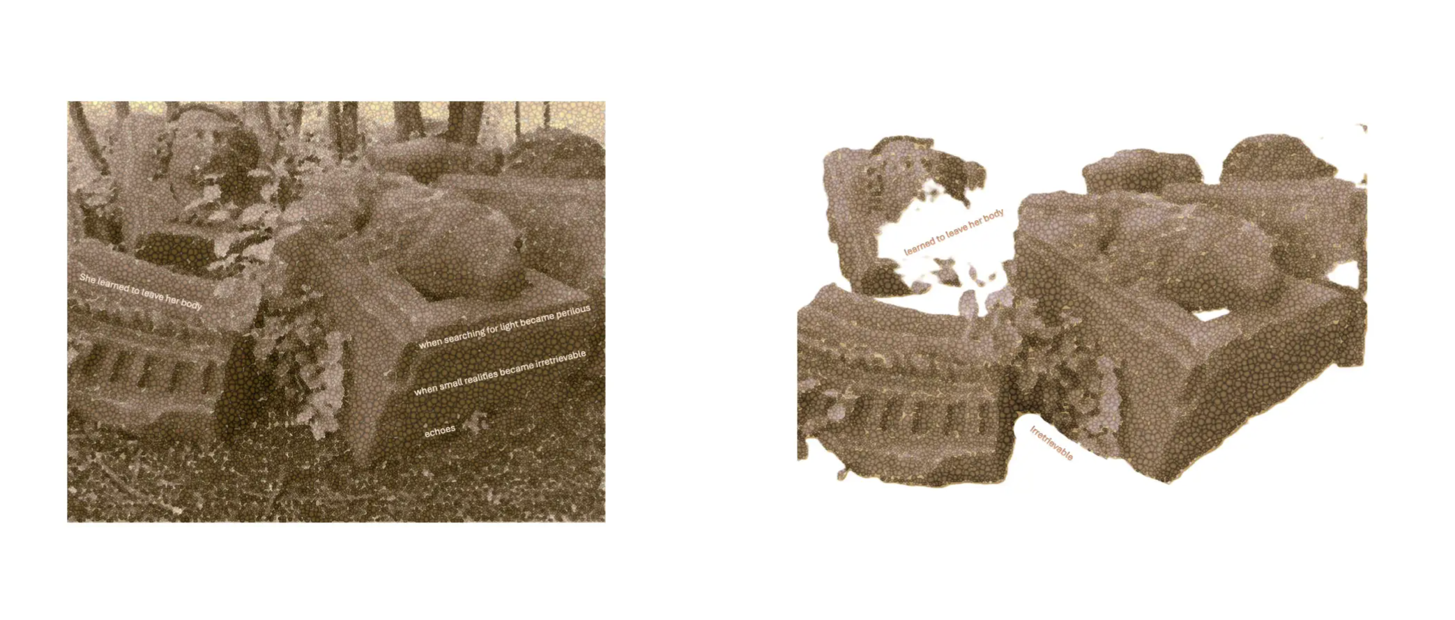 Two sandstone coloured images side by side with text of abandoned architectural relics