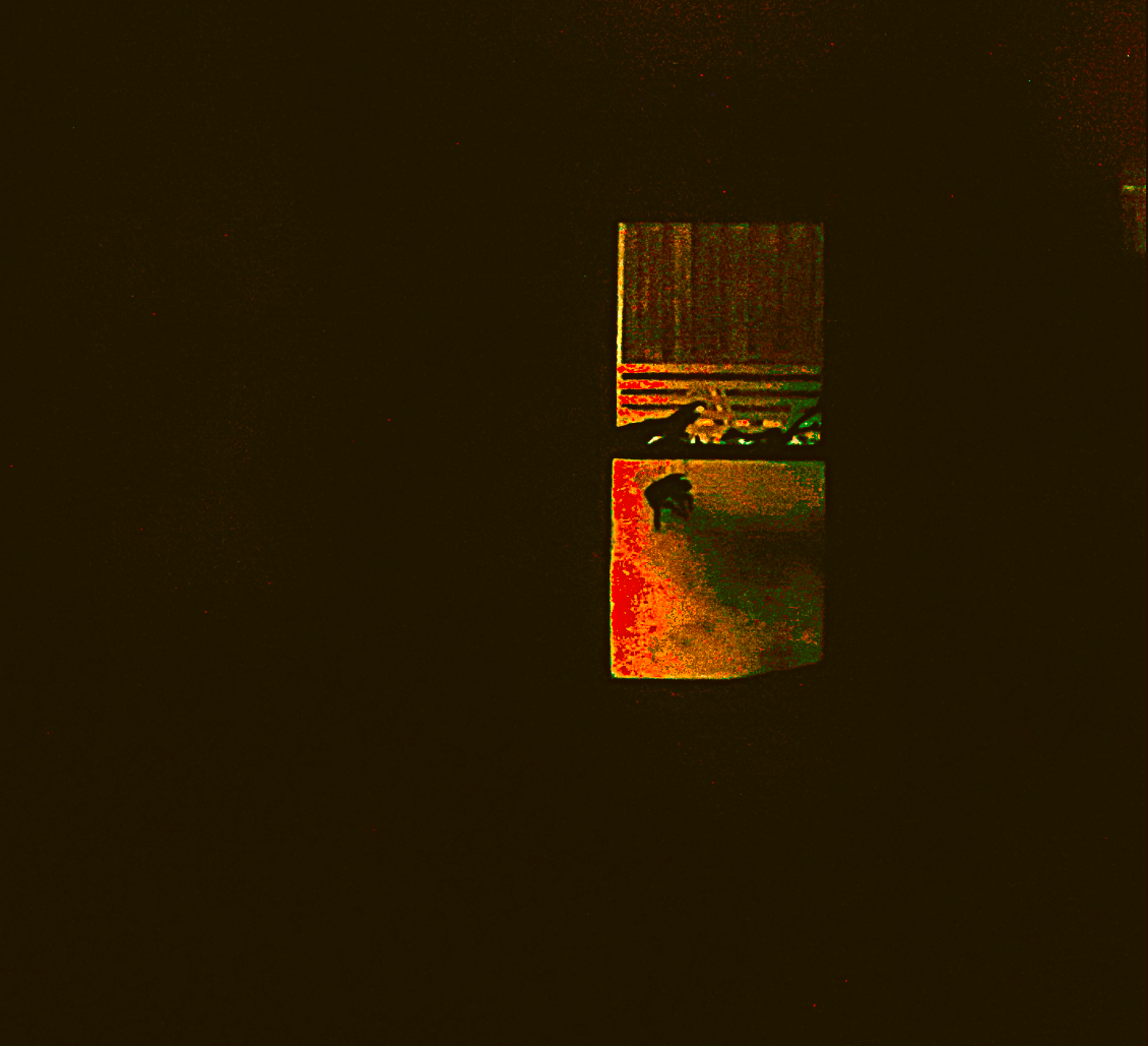 A window seen against the black of night, in the window a bird mobile and a toy pig, red neon style light against blinds , a visual poem by Robert Frede Kenter entitled Memory Window