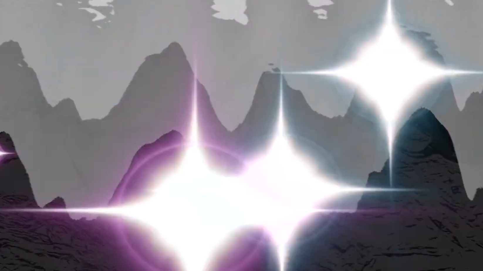 STILL FROM VIDEO by Jenny Wong (grey mountains) superimposed over them purple and green outlined star-flashes