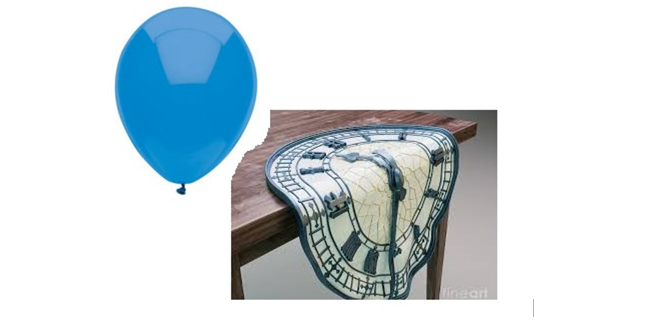 Art collage (Dali's melting clock on a table) juxtaposed with a blue helium balloon