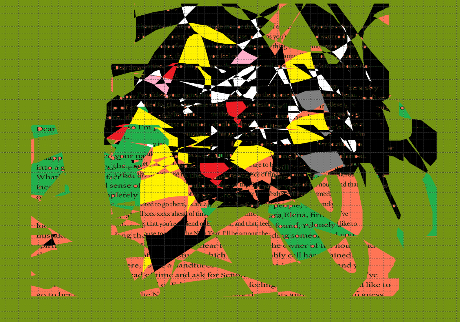 Green background with black orange, red, yellow floating swirling geometric shapes, using text from Letter to a Stranger by Remedios Varo