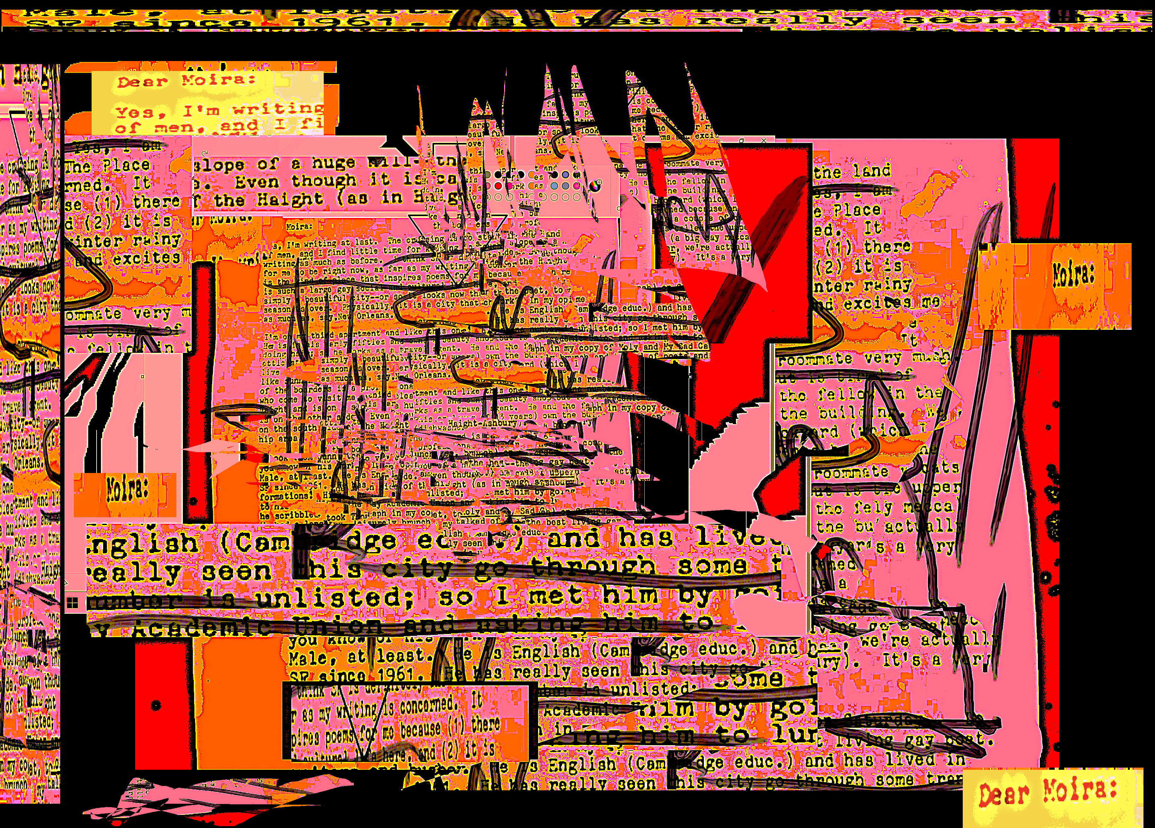 An elaborate layered vispo collage in shades of red with black. Erased and redacted text. By Robert Frede Kenter, c. 2025