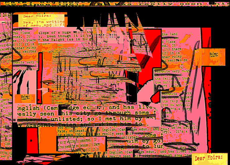 An elaborate layered vispo collage in shades of red with black. Erased and redacted text. By Robert Frede Kenter, c. 2025