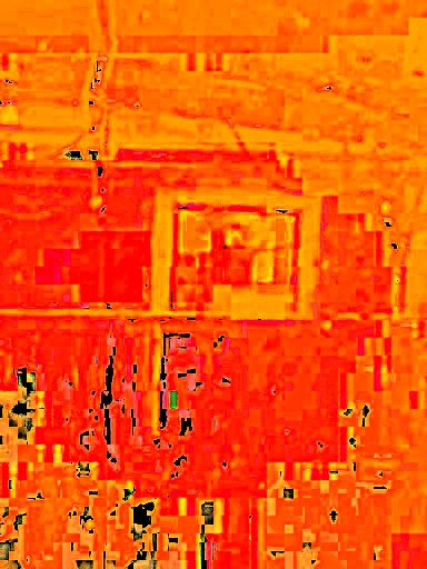 a garish orange toned glitch abstraction of ruptures windows and enclosures