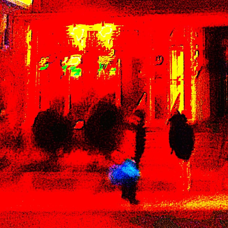 Street Haunt, a visual poem by Robert Frede Kenter: red, yellow and black figures in a night scene blur outside an urban storefront/house