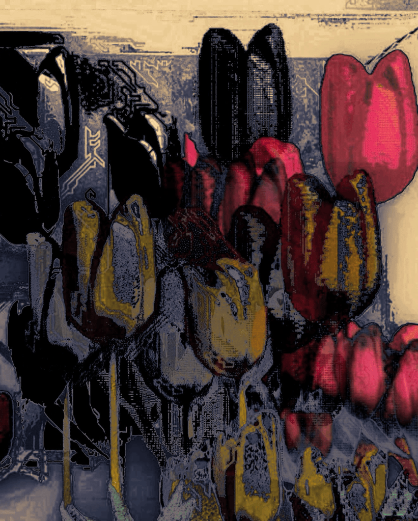 A hybrid poem/image. Melting flowers with glitch elements.  Reds, blacks, purple burnished against beige umber background.
Encryption
each tulip
a shut vault
noise over flower