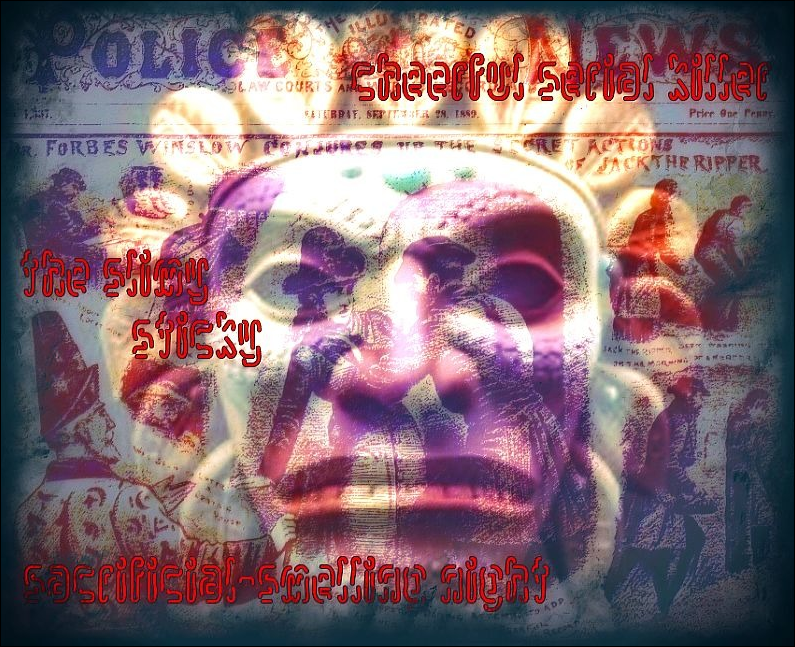 Cheerful serial killer (visual haiku) in front of a Police News hand sheet from 19th century about Jack the Ripper a central american indigenous mask. Yellows, purples, red text (dfficult to read) purples, white paper background, etc.: a visceral collage.