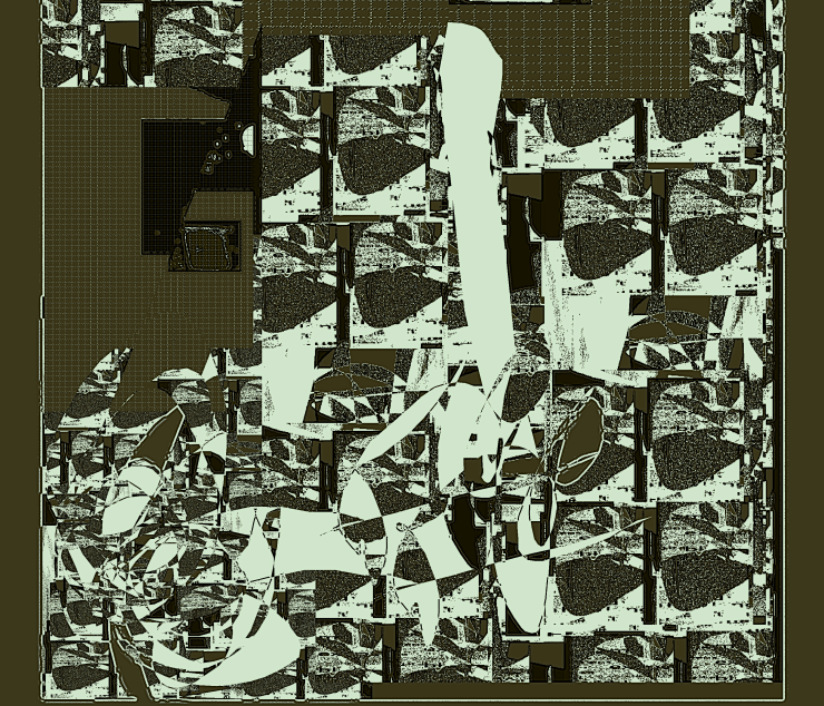 A light grey-green visual collage abstract shards torn faces directions patterns very abstracted rectangular rounded flowing shapes